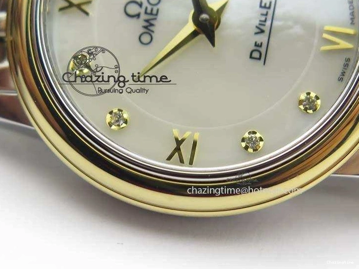 0503 OnTrend De Ville 27mm SS YG Ladies MK 1:1 Best Edition White MOP Dial Diamond Markers On SS Bracelet Ronda Quartz 8187